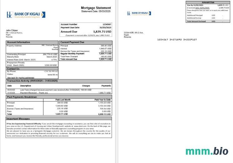 Rwanda Bank of Kigali wyciąg z kredytu hipotecznego w formatach Word i PDF
